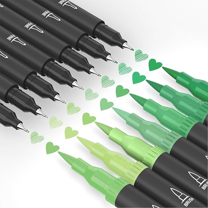 Mogyann Green Markers, 12 Pack Dual Brush Pens Drawing Markers for Art Sketching