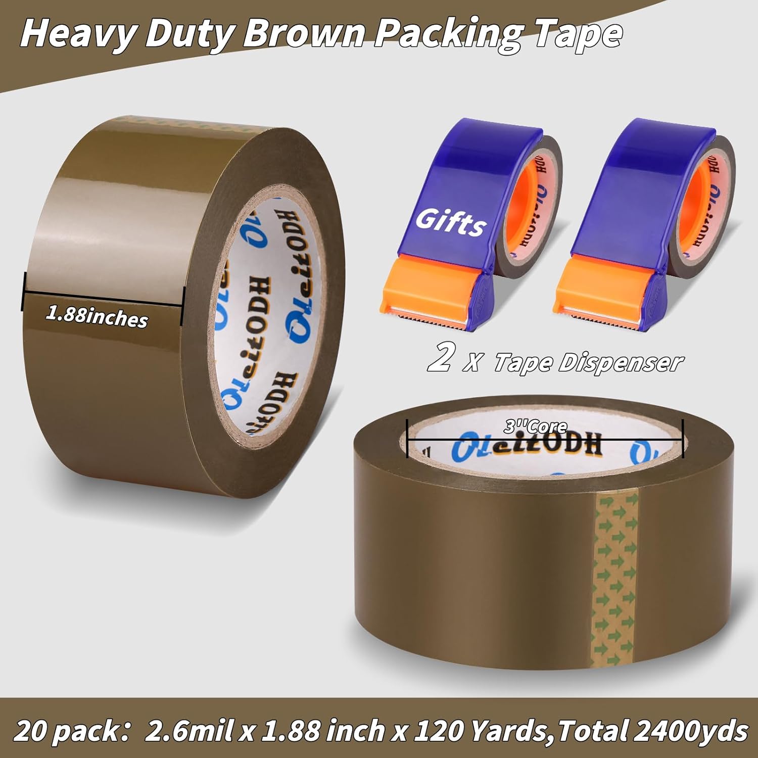 20 Rolls Brown Packing Tape with Dispenser, 1.88" X 120 yd Shipping Tape Bulk, Total 2400 yards, 2.6 mil, 3" Core, Tan Packing Tape Refills, Carton Sealing Tape for Moving Boxes, Package, Mailing