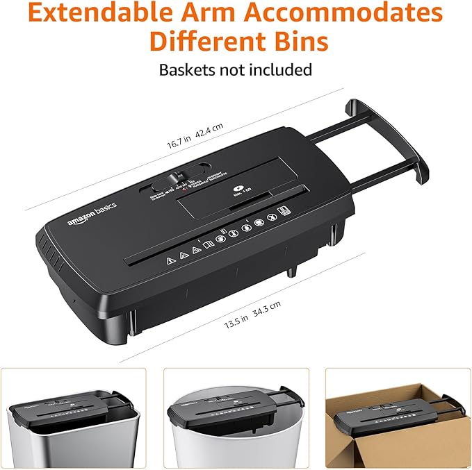 Amazon Basics 8-Sheet Strip Cut Paper, CD, and Credit Card Shredder, Compact, No Basket, Portable with Extendable Arm, Black