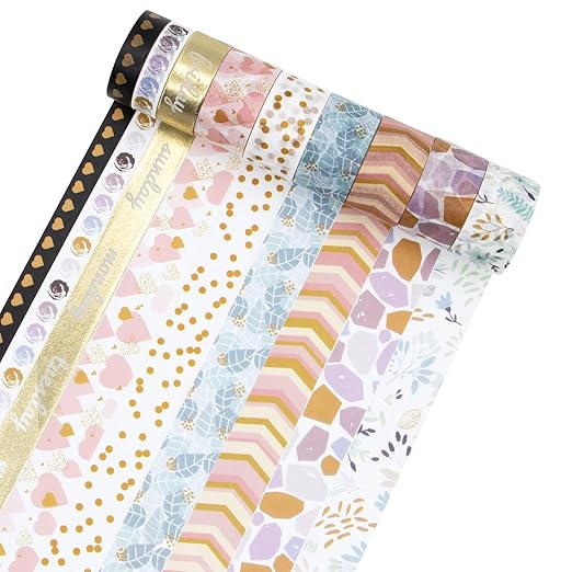 WAPETASHI 16 Rolls Washi Tape Set - Aesthetic Adhesive Tape with Gift Box, Gold Foil Decorativ Tape for Schcool Supplies, Bullet Journals, Scrapbooking, DIY Craftst -20/15/10mm Wide