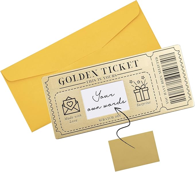 1 Piece Golden Ticket Scratch-off Card with Envelope, Scratch & Reveal Surprise Ticket for Writing Your Own Special for Birthday, Gifts for Girlfriends, Wives, Valentine's Day Card, Christmas Gift Card