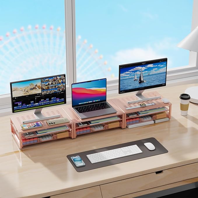 gianotter Computer Monitor Stand Riser, office organizer with Drawer, Office Organizers Storage for Classroom Office Supplies (Rose)