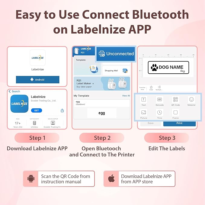 P21 Label Maker Machine with Tape, Bluetooth Label Printer Thermal Mini Label Makers with Built-in Cutter and Multiple Templates, Portable Printers for School, Office, Home Use (White)