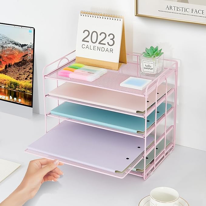 5 Tier Mesh Paper Letter Tray Organizer, Desktop Mail Sorter Office Supplies Organizer for Desk, Desk Organizers and Accessories (Pink)