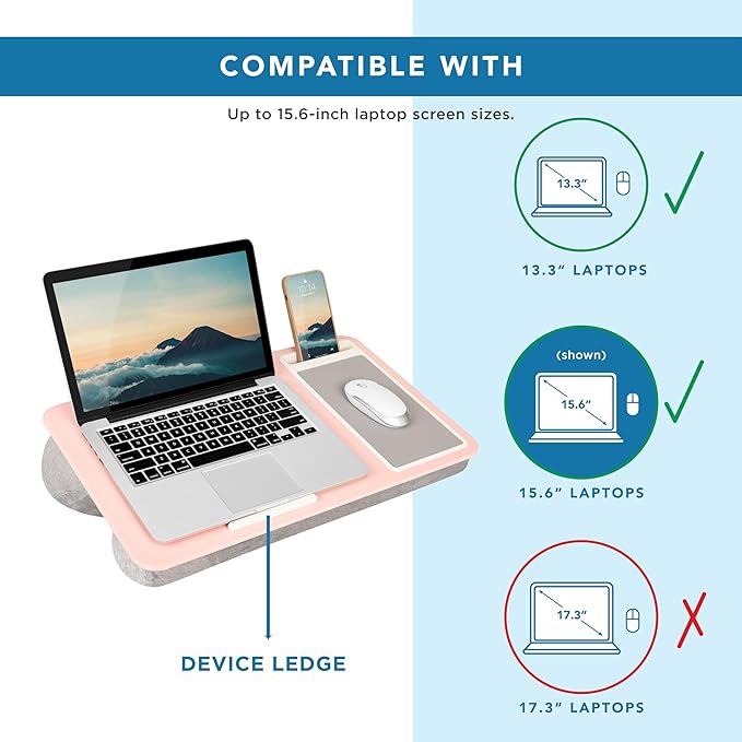 LAPGEAR Home Office Lap Desk with Device Ledge, Mouse Pad, and Phone Holder - Pink - Fits up to 15.6 Inch Laptops - Style No. 91584