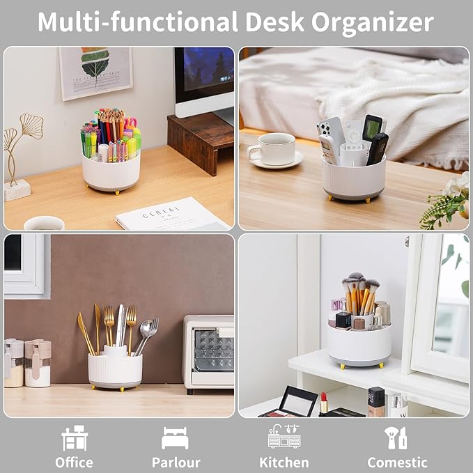 Marbrasse Desk Organizer, 360-Degree Rotating Pen Holder for Desk, Desk Organizers and Accessories with 5 Compartments Pencil Organizer, Art Supply Storage Box Caddy for Office, Home (White+Grey)