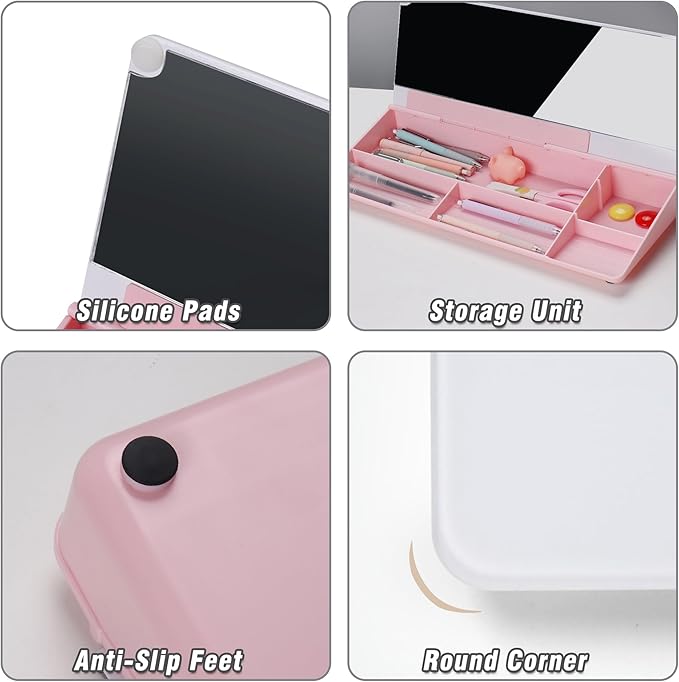 SELEAD Desktop Glass Whiteboard with Organizer & Built-in Mirror - Small Dry Erase White Board Computer Pad Keyboard Stand with Markers, Eraser, Holder for Women Girls - Pink