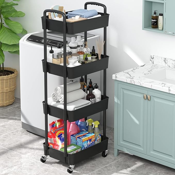 Sywhitta 4-Tier Plastic Rolling Utility Cart with Handle, Multi-Functional Storage Trolley for Office, Living Room, Kitchen, Movable Storage Organizer with Wheels, Black