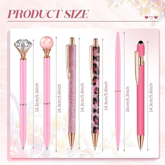 6 Pcs Ballpoint Pens Set Metal Crystal Diamond Pen for Journaling Glitter Pretty Cute Stationery Black Ink Fancy Gifts for Women Girls Teacher Office Wedding School Supplies(Pink Series)