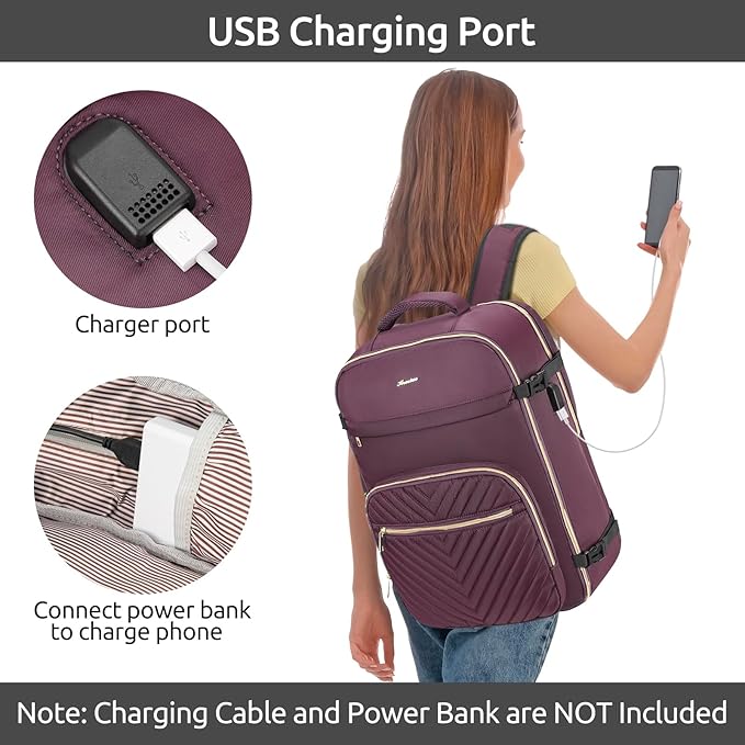 Travel Backpack for Women, Carry On Backpack for Airplanes Flight Approved, Waterproof Large Weekender Overnight Bag Fit 17 Inch Laptop with USB Charging Port, Dark Purple