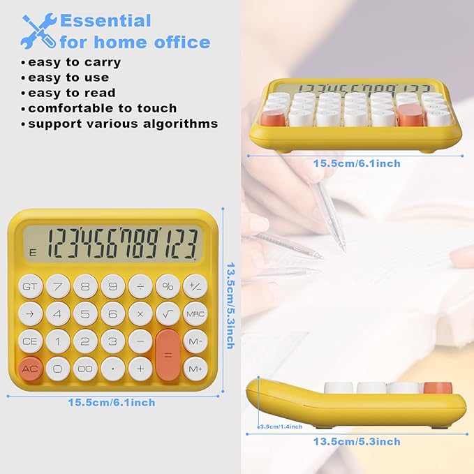 Mechanical Calculator 12 Digit Extra Large 5-Inch LCD Display, DECKLIT Battery Desk Calculator, Big Buttons Easy to Press Use as Office Calculators Desktop, 15°Tilt Screen for Kids Calculator(Yellow)