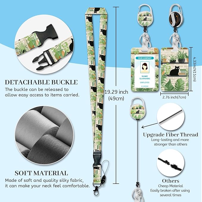 Lanyards for Id Badges, Black Cat Leaves Badge Holder with Retractable Reel Clip, Cute Work Name Tags Keychain Lanyard ID Card Protector Cover Case for Women Teacher Nurse Doctor Office