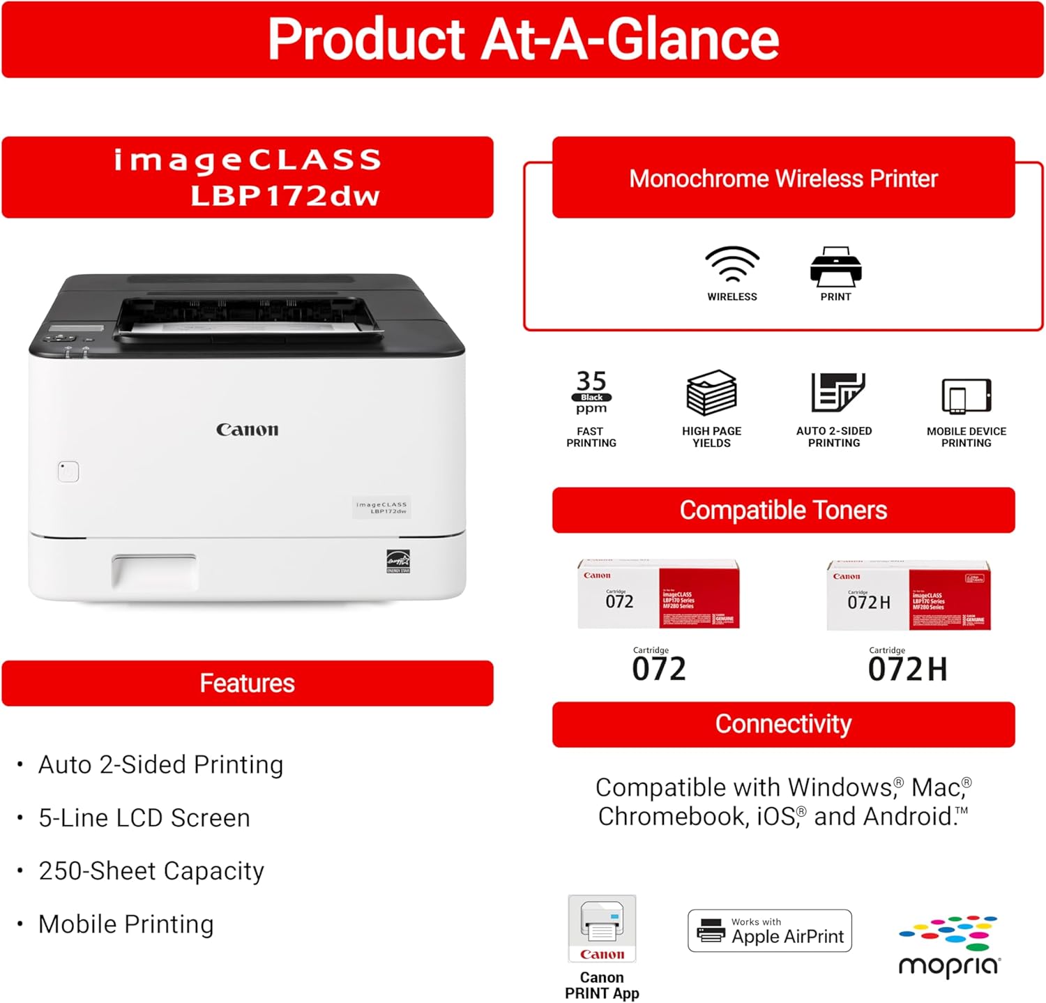 Canon imageCLASS LBP172dw – Monochrome Duplex, Wireless Laser Printer, Single Function, Home Office, Mobile Ready, 1 Year Limited Warranty, 35 PPM, White