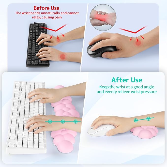 Cloud Wrist Rest Keyboard, Cloud Palm Rest Set with PU Leather Memory Foam, Cute Keyboard Rest for Wrist Support and Arm Rest, Desk Cloud Wrist Pad for PC/Gaming/Hand Cushion/Computer-Pink