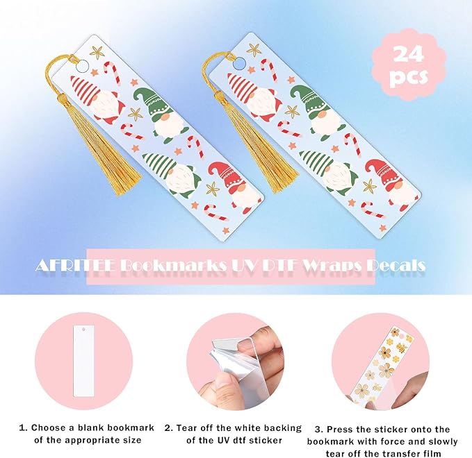 Christmas UV DTF Bookmark Stickers - 24 Pcs Gnome Santa Claus Blank Acrylic Bookmarks Uvdtf Double-Sided Sticker About Festival Theme, Cute Snowflake Elk Rub on Transfer Decals for Booklover Gifts