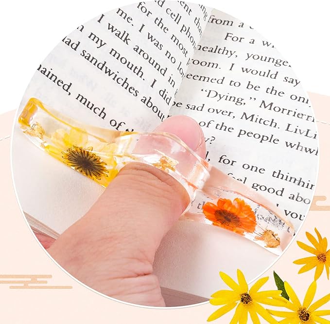 Book Lover Gifts, 2 Pcs Thumb Book Page Holder Dried Flower Resin Book Page Holder and 1 Pcs Bookmark with Tassel, Christmas Gifts Stocking Stuffers for Women Kids
