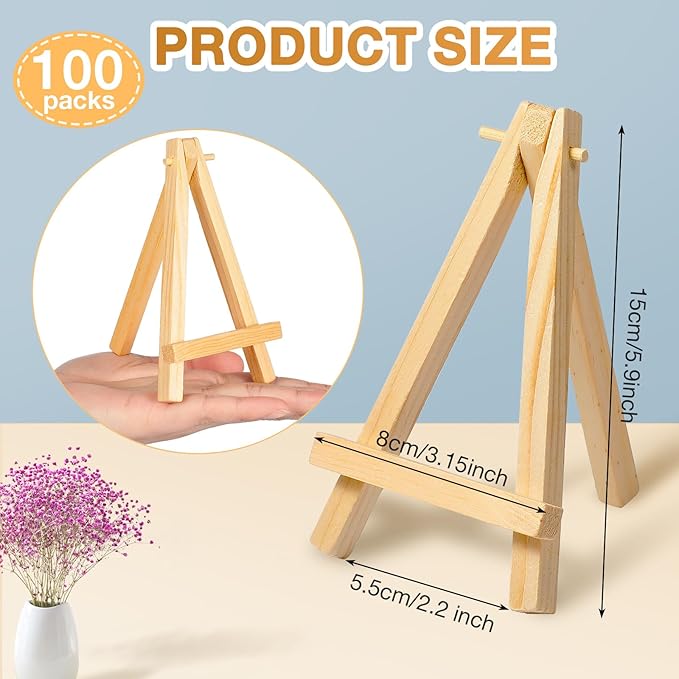 100 Pieces Mini Wood Easel Stands Small Wooden Canvas Easels Display Art Craft Tripod Painting Tabletop Holder for Artist Crafts, Business Cards, Photos, Gift(6 Inch)