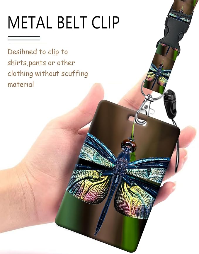ID Badge Holder with Retractable Lanyard and Keychain, Badge Reel with Rotate Carabiner Clip,Cute Dragonfly Card Name Tag Lanyard ID Protector Bage Clips for Student, Women, Office