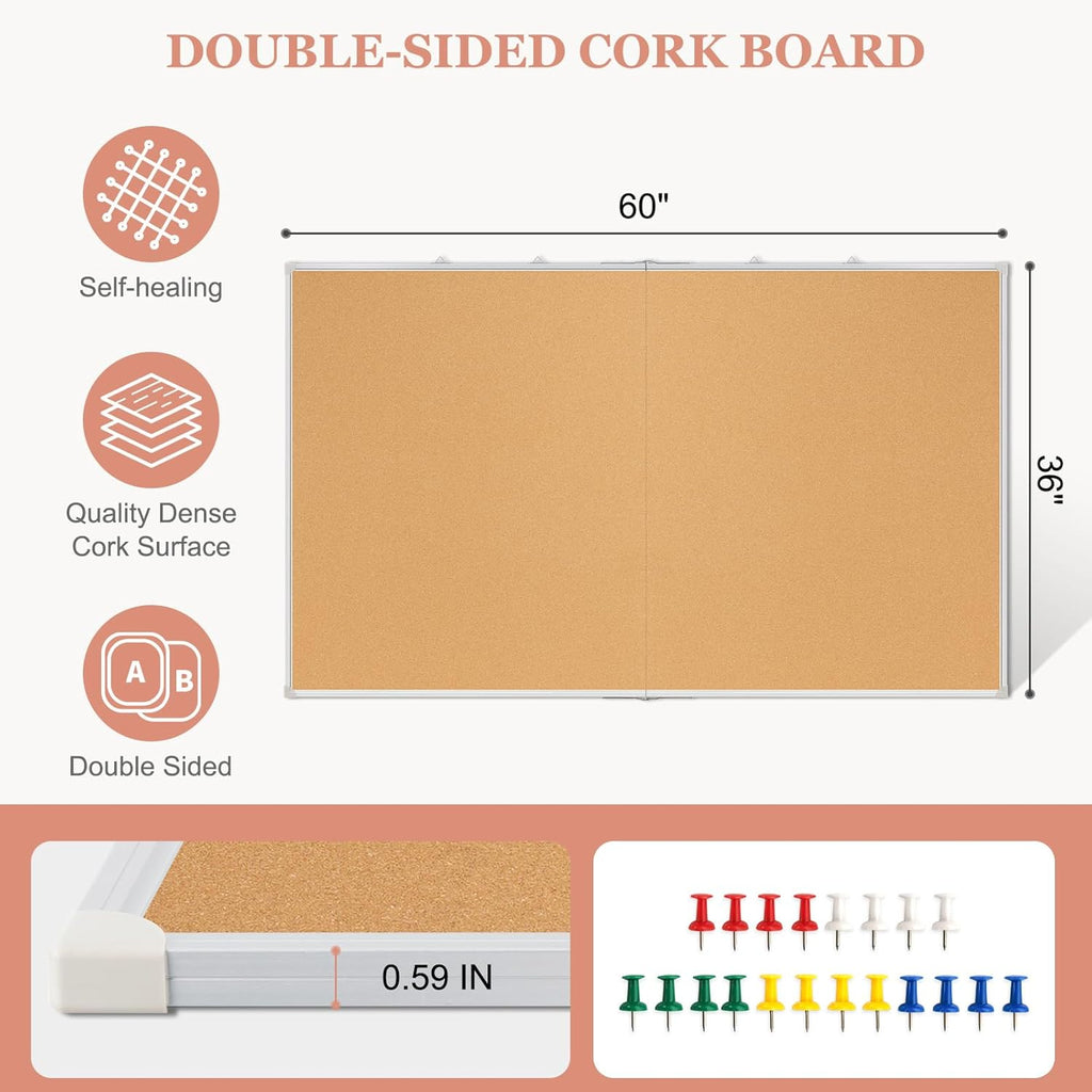 Double-Sided Large Cork Board, 60" x 36" Foldable Hanging Aluminum Framed Bulletin Board, Vision Board Pin Board Corkboards for Walls, Office, School Decor, 20 Pushpins