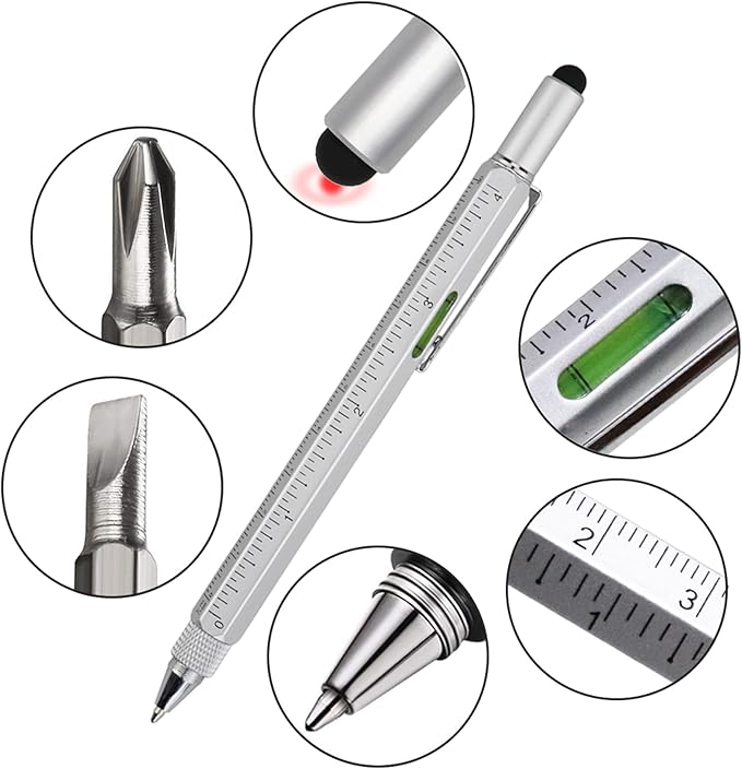 HeTaoCat Gifts Multi Tech Tool Pen 6 in 1 Stylus Pen - Screwdriver Pen with Ruler, Levelgauge, Ballpoint Pen Black Ink (Silver)