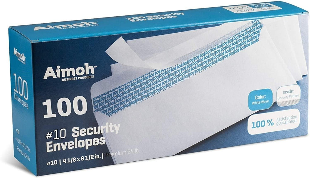 Aimoh #10 Security Self Seal Envelopes – 100 Qty |No Window, EnveGuard, 4⅛ x 9½", White, 24 LB, 100 Count (34100)