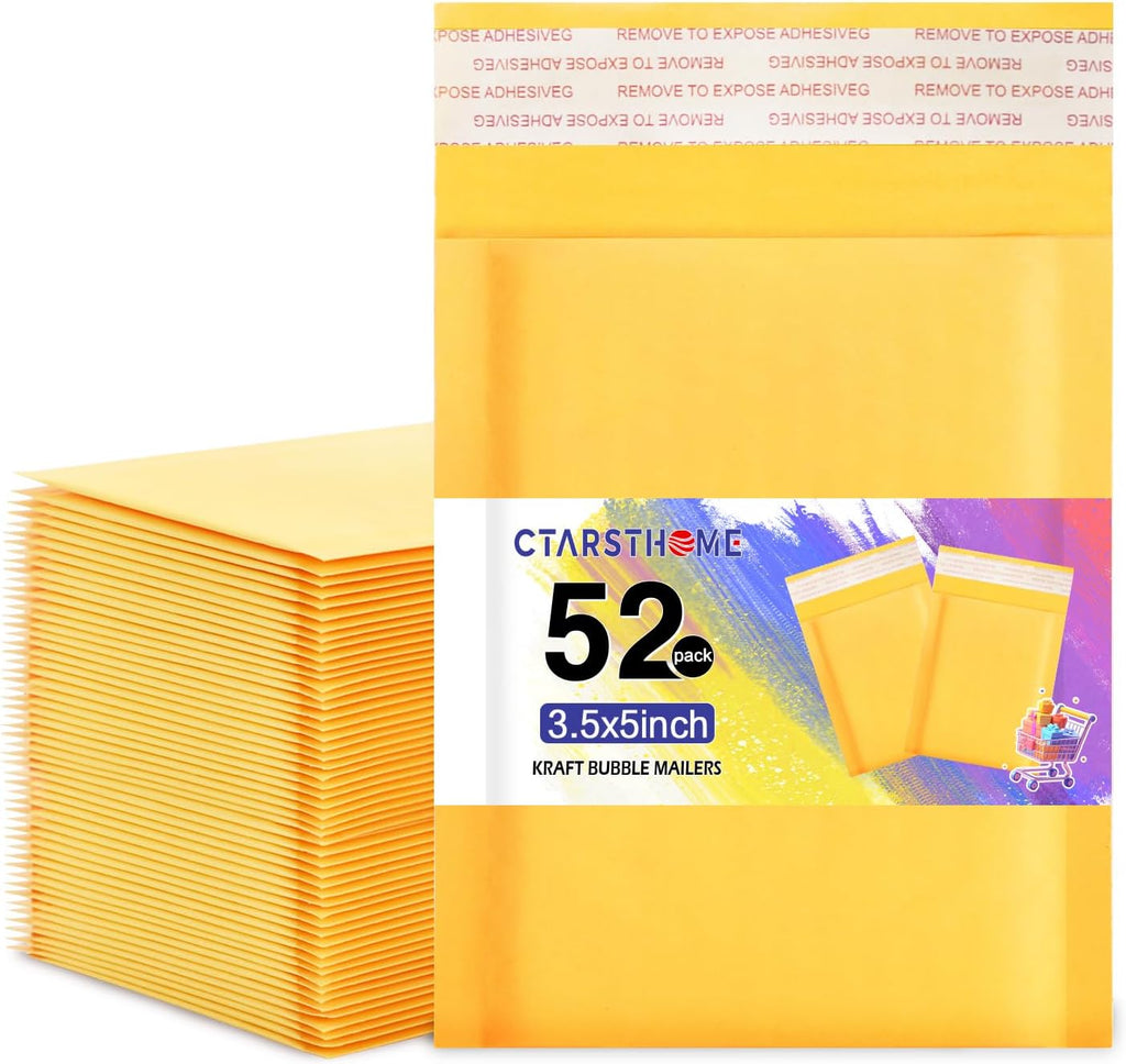 52Pack Yellow 3.5x5inch Kraft Bubble Mailers Small Business Mailing Packages Self-Sealing Paper Envelopes, Mailer Shipping Padded Envelopes with Strong Adhesion for Jewelry Makeup Supplies