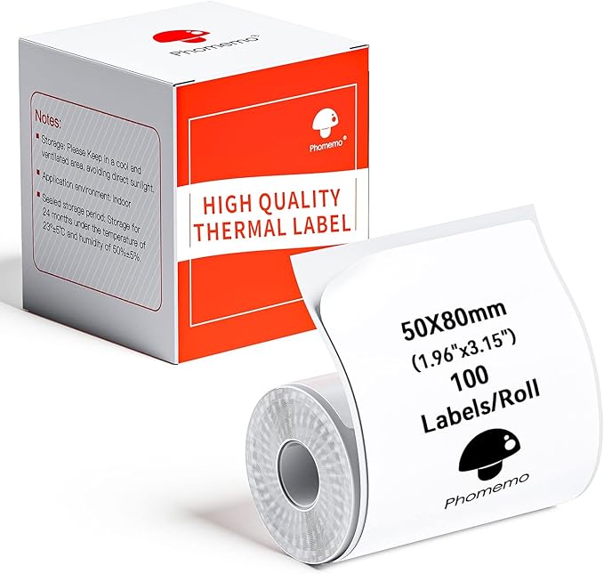 Phomemo Thermal Labels- Address Labels Sticker for M120/M220/M110/M221/M150/M250 Label Printer Machine, 1.97"x3.15"(50x80mm),100 Labels/Roll, for Barcode/Cloth/Name/Bussiness Tag,Black on White