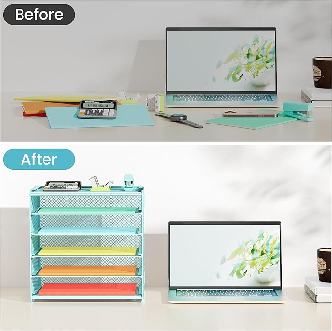 6 Tier Paper Organizer, Metal Mesh Desk File Organizer, Letter Tray Organizer, Paper Sorter Desk Organizer for Office, Home or School File Folder Holder - Blue