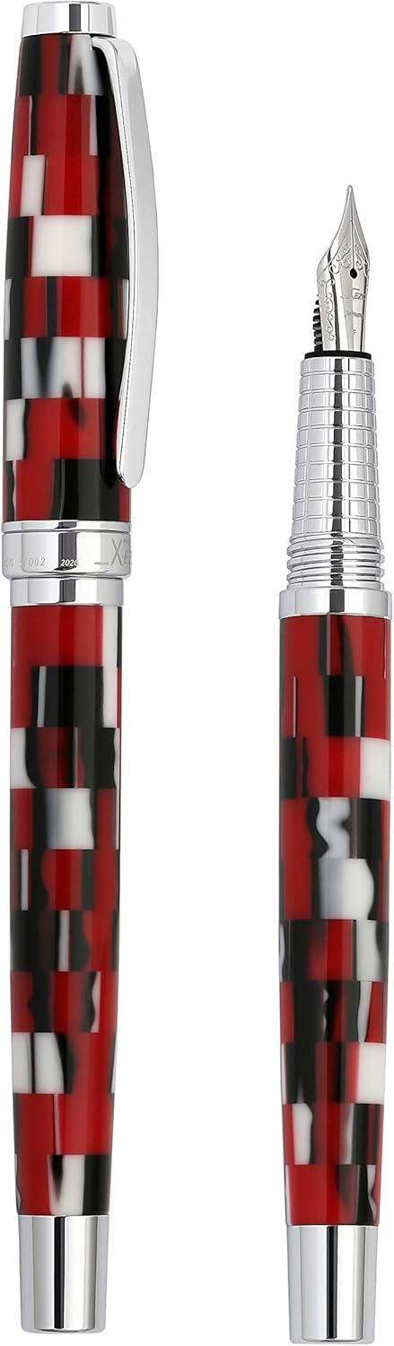Xezo Urbanite II Fountain Pen, Fine Nib. Sporty Red, Black, and White Checkered Acrylic on Brass. Chrome Plated. Handcrafted, Limited Edition, Serialized