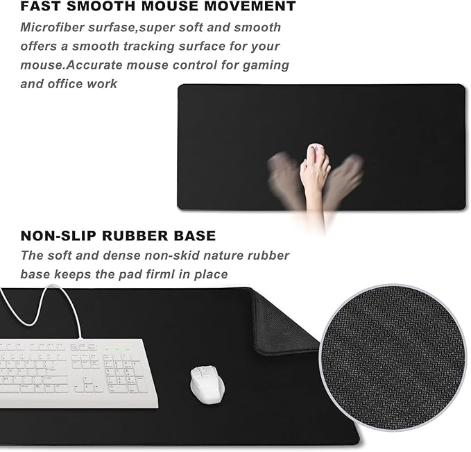 Large Mouse Pad, Desk Mat Large Office Desk Pad Gaming Mouse Pad with Stitched Edges, 35.4" x 15.7" Mousepad with Non-Slip Waterproof Rubber Base for PC Laptop Desk Home Office Accessories, Black