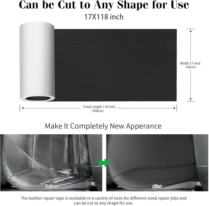 CHEIGHY Leather Repair Patch for Couches 17X118 inch Self-Adhesive Leather Repair Tape kit for Furniture Sofa Vinyl Car Seats Couch Chairs Shoes Down Jackets (Black)