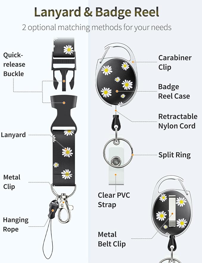 Uniclife Floral Sliding Badge Holder White Flower Plastic Case with Retractable Badge Reel Carabiner Clip & Detachable Lanyard Strap Fashionable Vertical Card Protector for Women Nurse Teacher Student