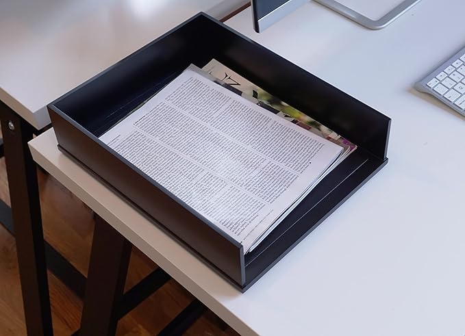 Victor 1142-5 Midnight Black Collection Front Load Letter Tray, Matte Black Paint with Faux Leather Tray Pad for a Professional Look