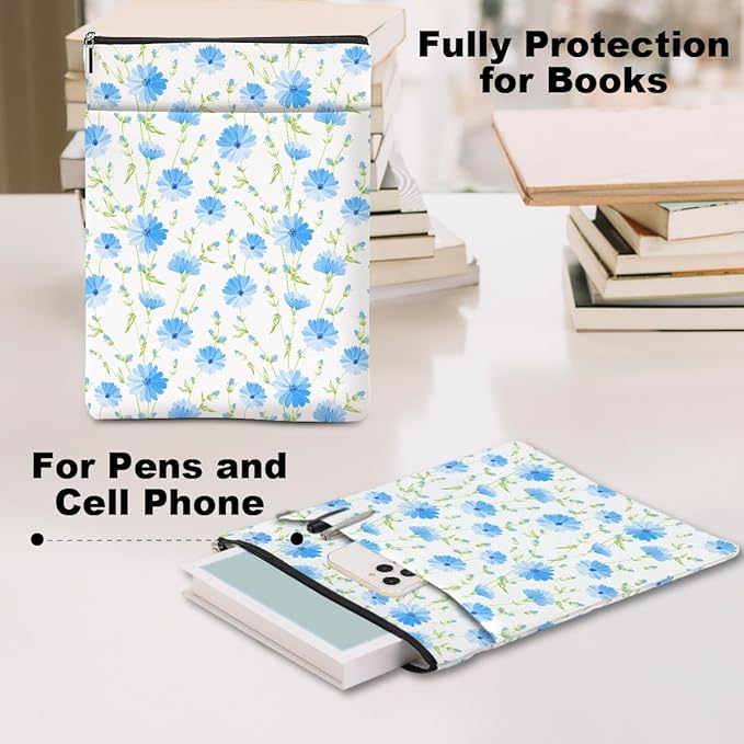 Blue Flowers Pattern Book Lovers Gifts Waterproof Book Sleeve Book Pouch Book Protector with Zipper and Front Pocket BookCover Case for Women Best Friend Sister Book Accessories Book Club Gifts