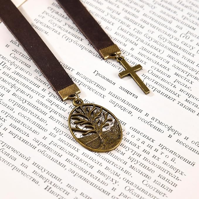 Bookmarks, Handmade Retro Cross Tree of Life Bible Bookmark with Long Leather Straps, Christian Saint Book Mark, Ideal Christian Gift (Style 16)