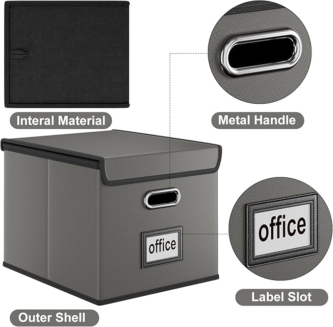 Huolewa Upgraded Portable Leather File Organizer Boxes with Lids, Office Document Boxes Organizer, Filing Boxes, Decorative Small File Boxes for Hanging Files with Plastic Slide for Office/Decor/Home