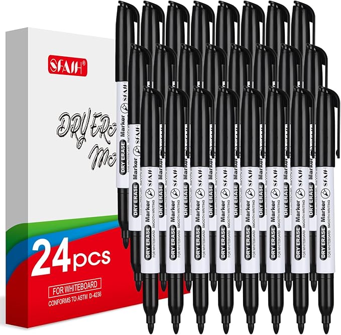 SFAIH Dry Erase Markers Fine Tip - 24 Pack Whiteboard Markers Dry Erase For Kids Adult Low Odor, Black Dry Erase Markers Fine Point For Home Classroom