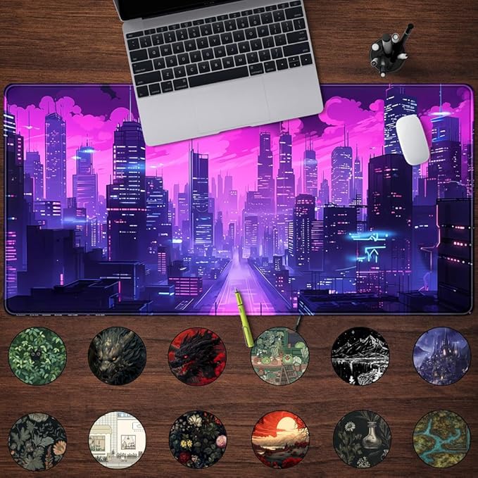Cyberpunk Neon Purple City Gaming Desk Mouse Pad XL Pink Extended Mouse Pad Gaming, Keyboard Pc Office Laptop Mousepad Large, 31.5x15.8 in with Stitched Eges Non-Slip Base Mouse Pads