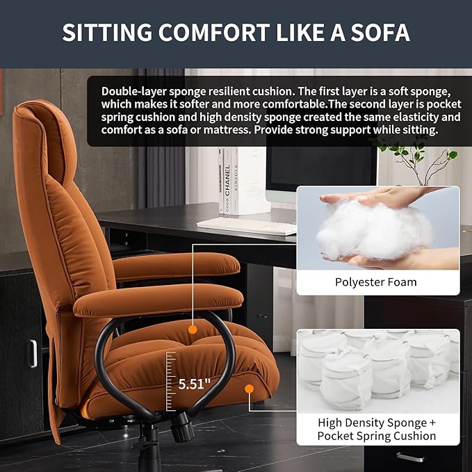 Office Chair Big and Tall, High Back Home Office Chair 400 lbs, Executive Office Chair with Ottoman, Ergonomic Office Chair with Padded Armrest, Swivel Computer Chair PU Leather (Khaki)