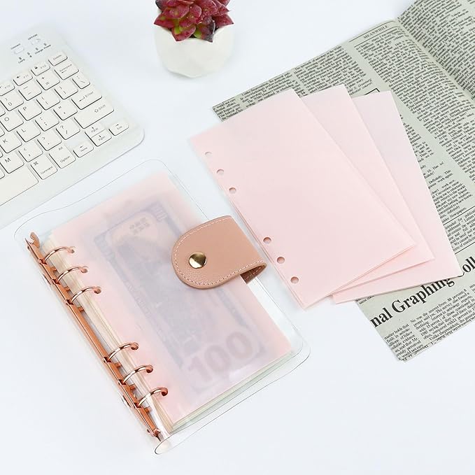 A6 Binder Pockets with No Zipper, Koqye Blue 10 Pcs Plastic Zipless Budget Envelopes, Two Pockets Frosted Cash Envelopes Money Bag for Budgeting, Cash Stuffing (Light Pink - 1 Set)