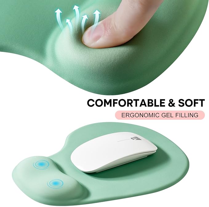 JIKIOU Mouse Pad, 2 Pack Ergonomic Mouse Pads with Comfortable Gel Wrist Rest Support and Lycra Cloth, Non-Slip PU Base for Easy Typing Pain Relief Durable and Easy to Clean Small Pastel Green