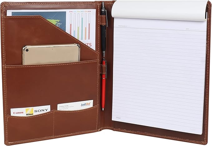 Succor Genuine Leather Business Portfolio Organizer-Professional Padfolio-Leather Binder-Document Holder-Resume Folder-A4 PAD Folio for Men and Women-13”x10”-Brown