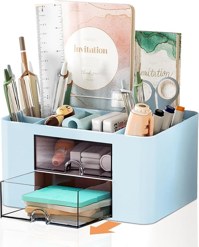 Pencil Pen Holder for Desk,2 Drawer Desk Organizers,5 Compartments Desktop Storage Stationery Supplies Organizer, Cute Pencil Cup Pot For Office, School, Home(Blue)
