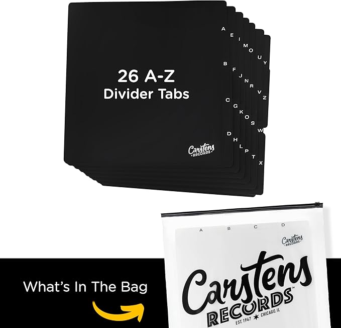 Carstens Heavy Duty Vinyl Record Dividers A-Z | 12" LP Organizer Tabs Pack of 26 | Black, Made in USA