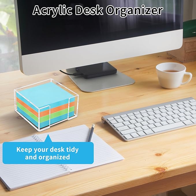Acrylic Sticky Note Holder - 3 x 3 Inch Post It Note Holder, Crystal Clear Sticky Note Dispenser for Dorm Room Home and Office Acrylic Desk Organizer