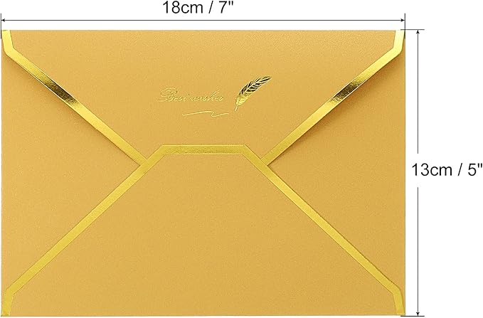 PATIKIL V Flap Envelopes, 10 Pack 7 x 5'' Luxury Style Gold Border Greeting Card Envelope for Invitations Weddings, Golden