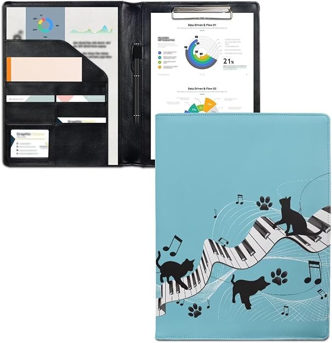 Black Cat Music Portfolio Folder Leather Padfolio with A4 Size Clipboard Clip for Business Resume Interview Document Sleeve Binder Folder for Men/Women