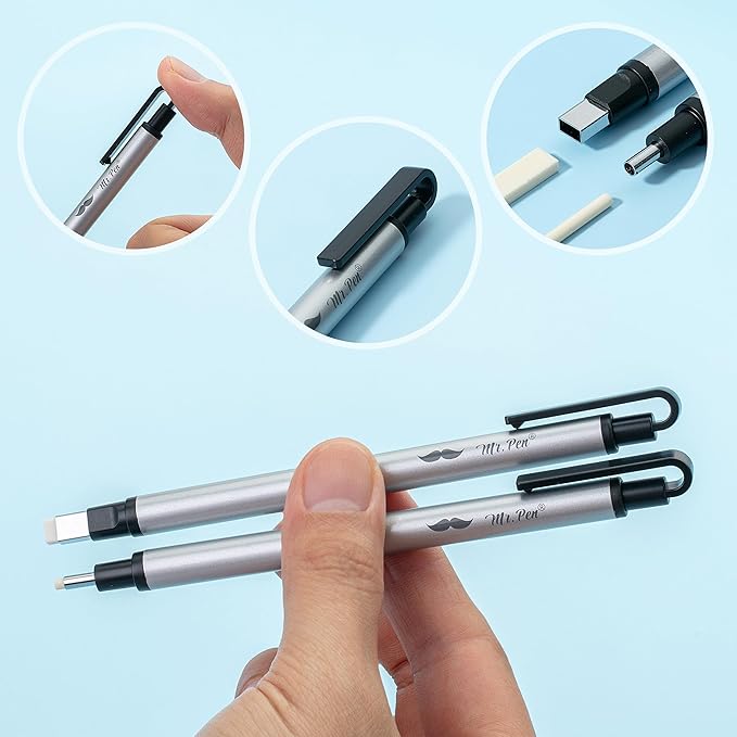 Mr. Pen- Pen Style Eraser, 2 Pack, Square & Round Tip, Eraser Pen Eraser, Pencil Erasers, Eraser Pencil, Mechanical Eraser, Art Erasers for Drawing Erasers for Drawing, Precision Eraser, Art Eraser