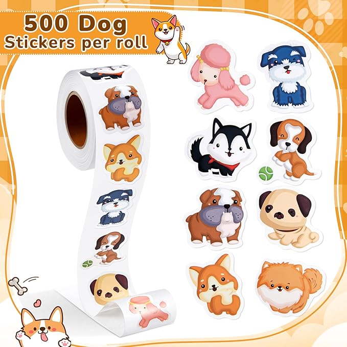 1 Roll Animal Stickers Reward Cute Space Stickers Office Supplies Incentives Sticker Animal Party Favor Decal, 500 Pcs Each Roll(Dog)