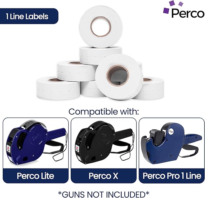 Perco 1 Line White Labels - 8 Rolls, 1 Sleeve, 8,000 Blank Price and Date Gun Labels for Perco 1 Line Price and Date Guns - Made in USA
